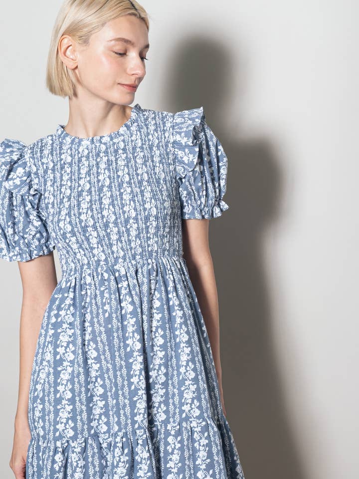 Vestido Babydoll de Algodão Frisado com Relevo Floral com Bolsos por atacado de Elloh Collection