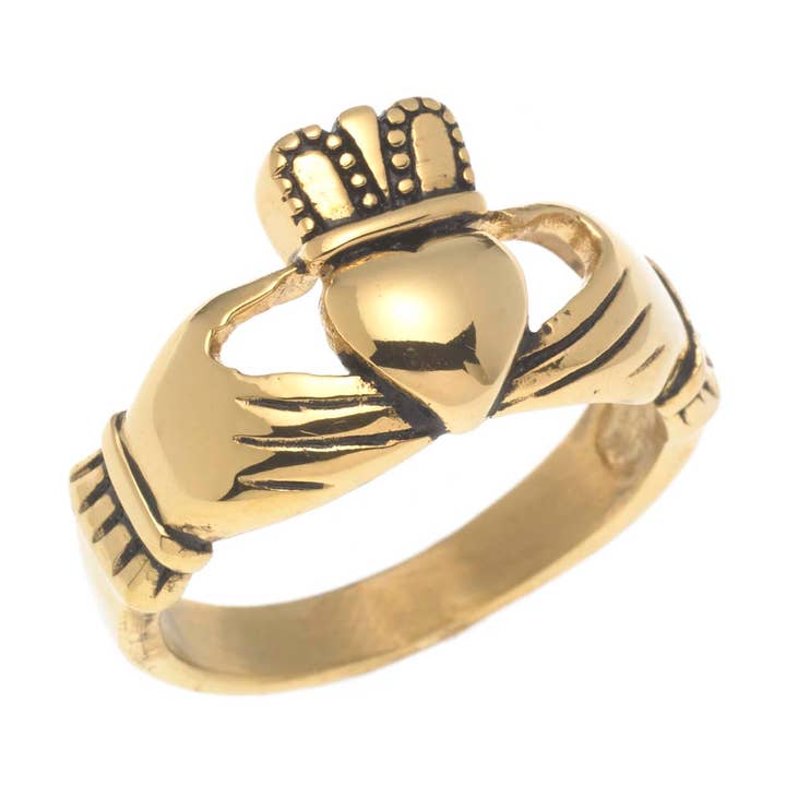 Gold Plated Stainless Steel Celtic Claddagh Ring for wholesale by Joyful Sentiments