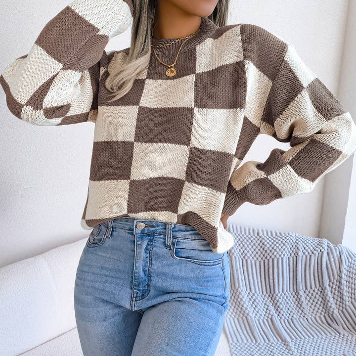 HIDDENBRAND - Wholesale Knit Sweater - Women's - Contrast plaid pullover knit sweater