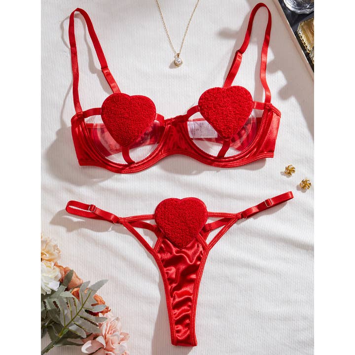Red Damen Valentinstag Rotes Herz Sexy 2-teiliges Dessous-Set SKLG4061 für den Großhandel auf Faire