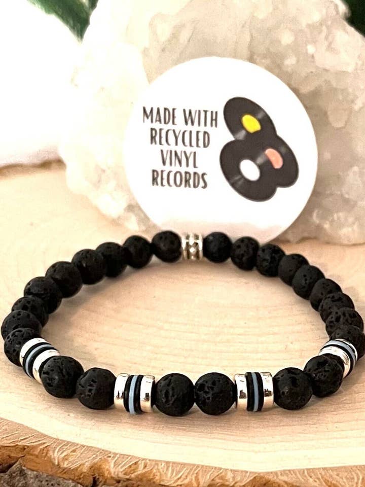 Black and Blue Lava Bracelet with Recycled Vinyl Records for wholesale by Jewels For Hope