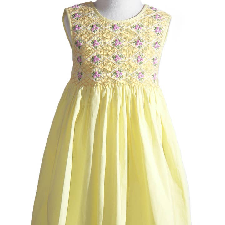 Yellow Geometric Smocked with Roses Sleeveless Dress for wholesale by Hello Bebes!