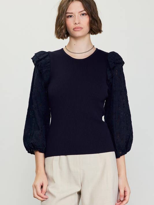 Eyelet Ruffle Sleeve Contrast Knit Top for wholesale by SKIES ARE BLUE