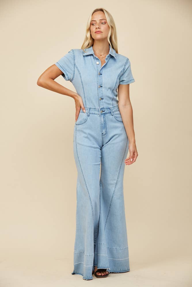 WIDE LEG DENIM JUMPSUIT - LT DENIM 4440 for wholesale on Faire2