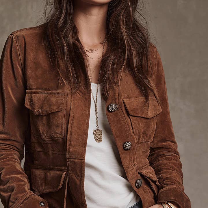 Brown Women's Slim Fit Chic Suede Leather Jacket for wholesale on Faire2