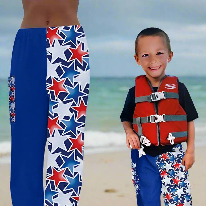 Pantalon Serviette - Étoiles Rouge Blanc Bleu - EN STOCK Expédition Rapide - Plage, Natation, Tenue de Resort, Garçons, Filles, Adultes pour la vente par Paradise Towelwear