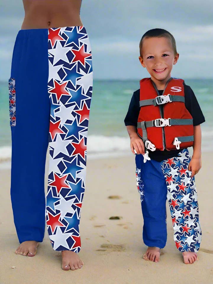 Pantaloni Asciugamano - Stelle Rosse Bianche Blu - DISPONIBILI Spedizione Veloce - Spiaggia, Nuoto, Abbigliamento da Resort, Ragazzi, Ragazze, Adulti per la vendita all'ingrosso da parte di Paradise Towelwear