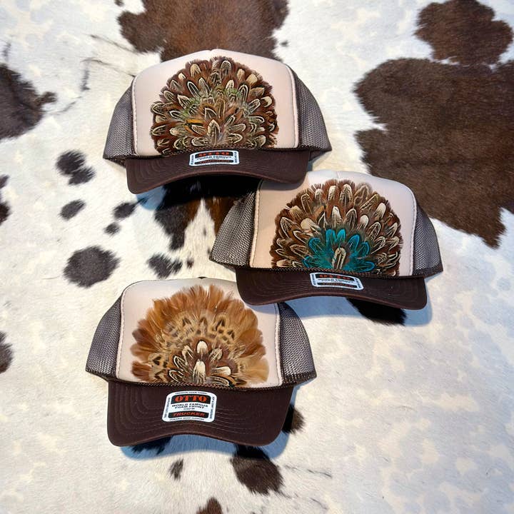 High Ho Silversmithing - Wholesale Trucker Hat - Women's - BROWN AND TAN FEATHER TRUCKER HAT9