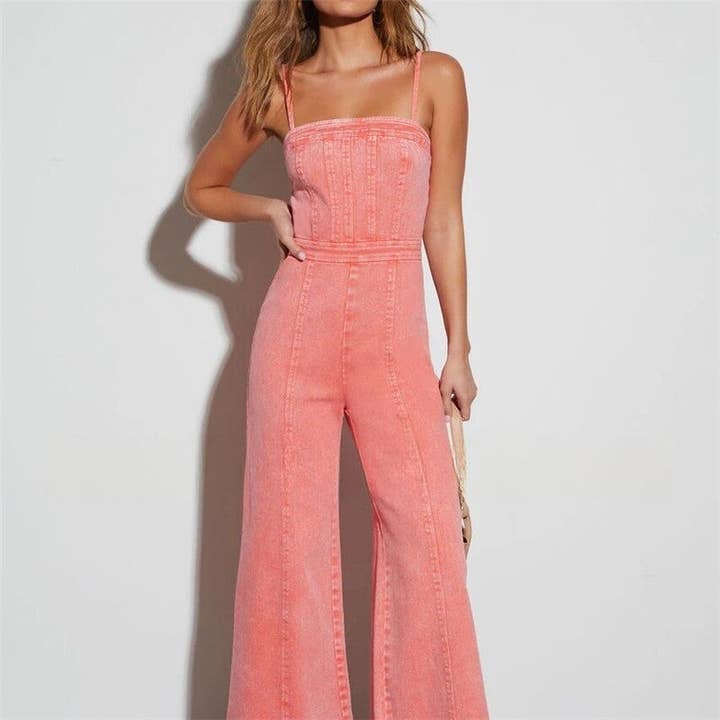 FurDecoration - Wholesale Jumpsuit - Women's - Solid Color Denim Slim Fit High Elastic Flared Jumpsuit