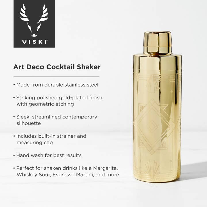 Viski - Wholesale Cocktail Shaker - Art Deco Gold Plated Cocktail Shaker with Built in Strainer5