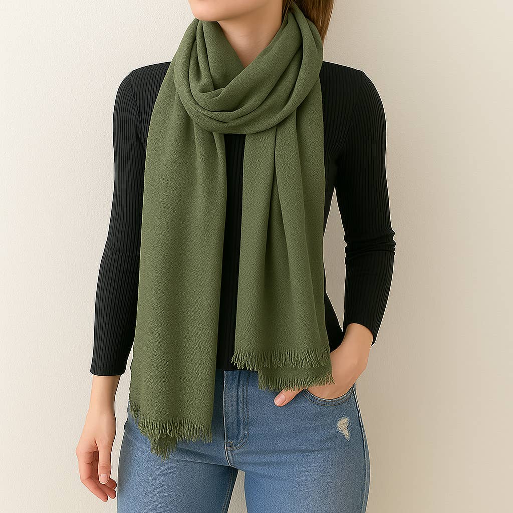 Fennco Styles - Wholesale Scarf - Women's - Olive Solid Cashmere Blend Woven Blanket Scarf