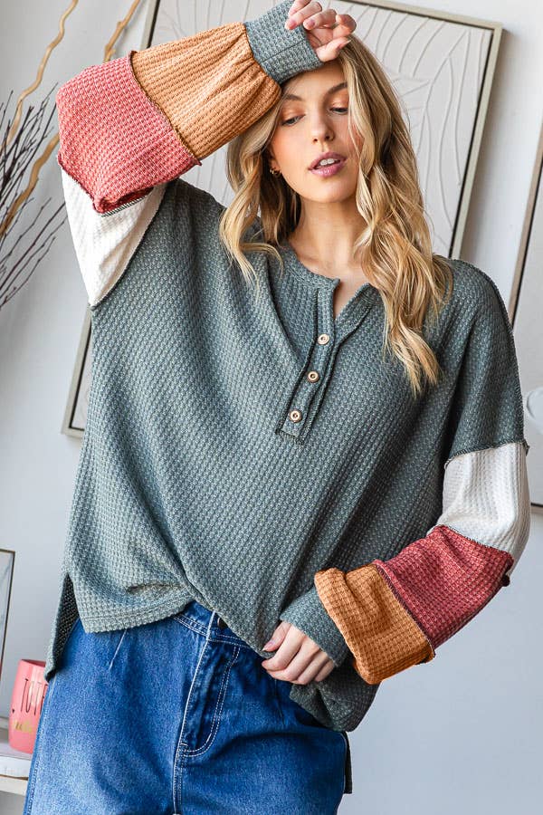 7th Ray – wholesale Knit top – Women's – Waffle Knit Color Block Button Front Balloon Sleeve TopT572413