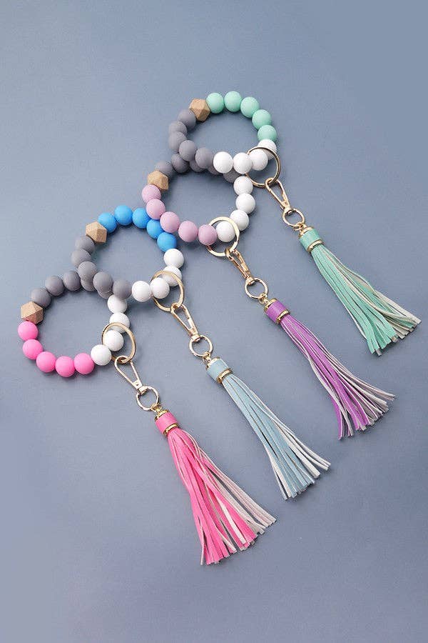 JOSSLYN by wall to wall - Wholesale Keychain Bracelet - SOFTEST RUBBERY BEAD TASSEL BRACELET KEY HOLDER | 40KC1033