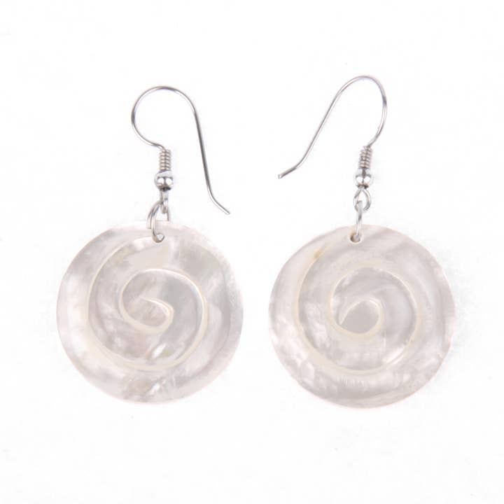 Hand carved circle mother of pearl shell earrings in white for wholesale by Erik & Mike