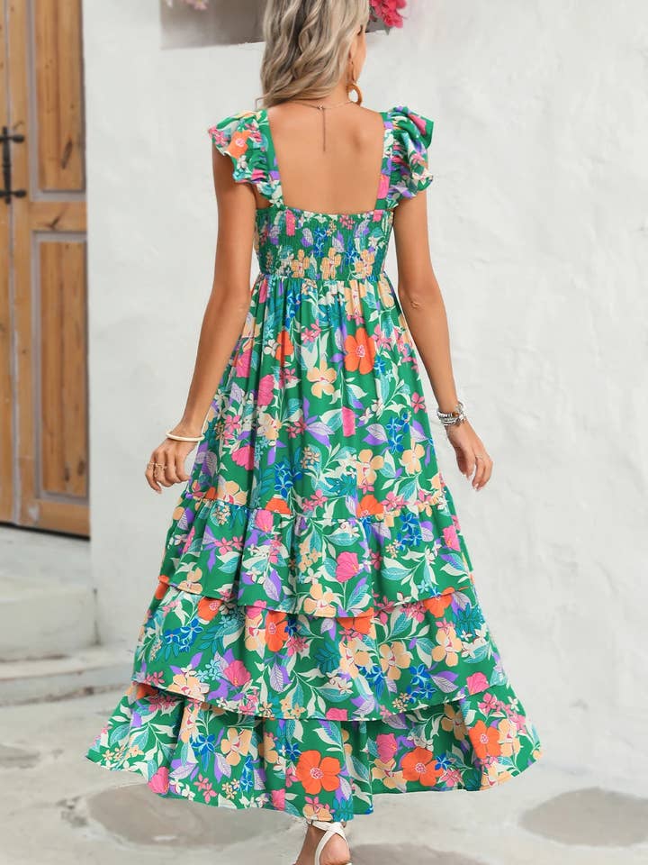 Green Floral Ruffle Tiered Maxi Dress for wholesale on Faire