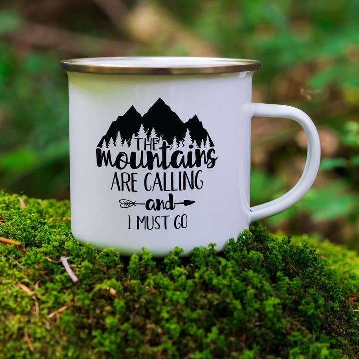 The Mountains Are Calling Mountain Range Enamel Camping Mug for wholesale by EllieBeanPrints