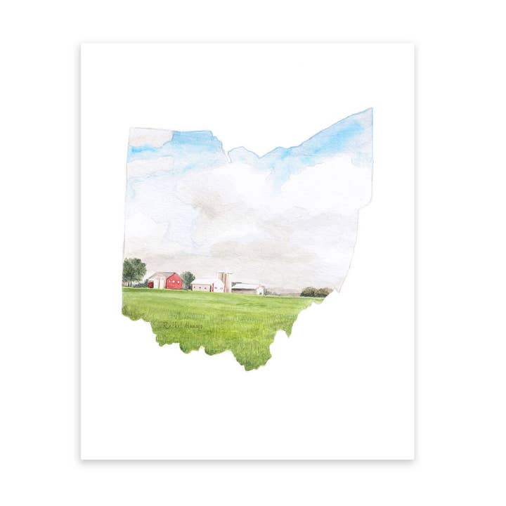 Farm Country Ohio State Watercolor Art Print, Columbus Ohio for wholesale by Rachel Alvarez Art