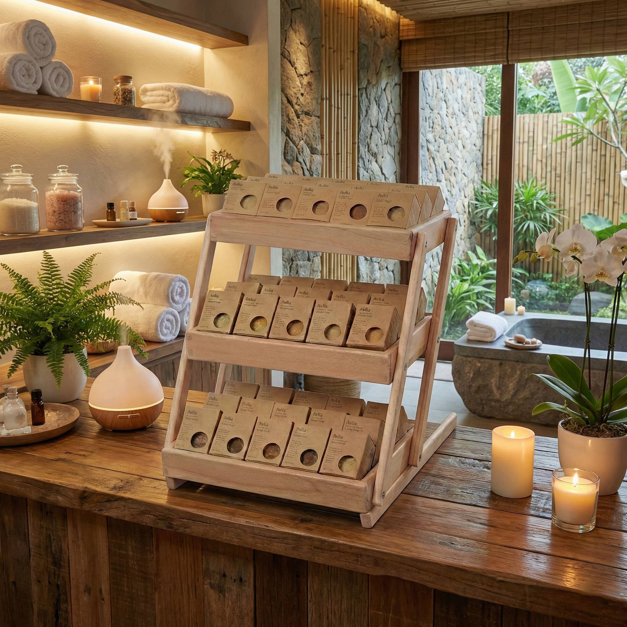 Avlia Home - Wholesale Retailer Display - Beauty & Wellness - 3-Tier Beech Display & 45pc Traditional Soap Starter Set1