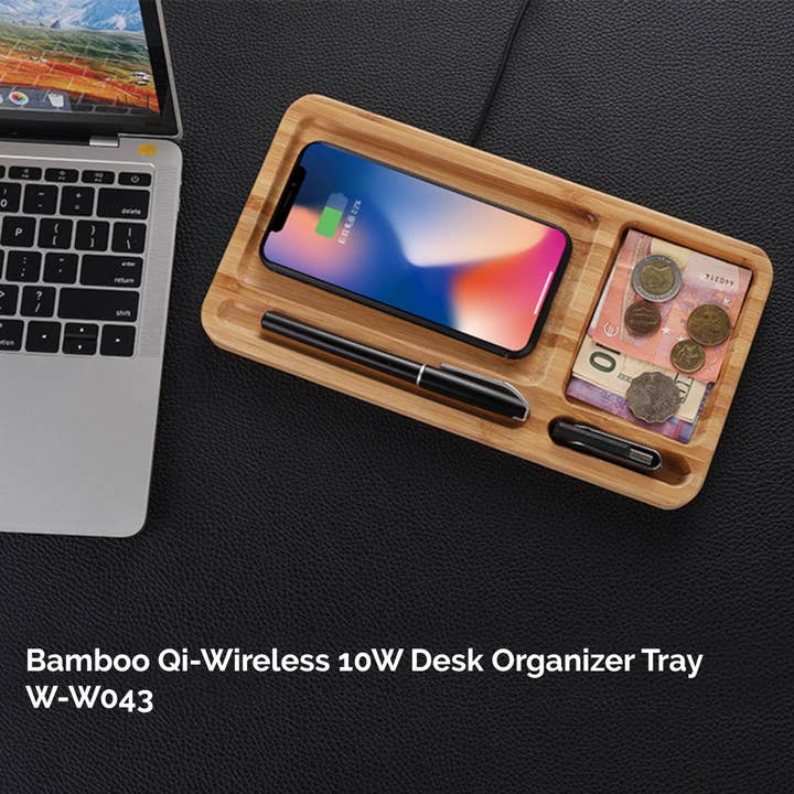 WUDN Handcrafted - Wholesale Desk Organizer - Solid Bamboo Desktop Organizer Tray with Wireless Charger (BLACKFOOT)