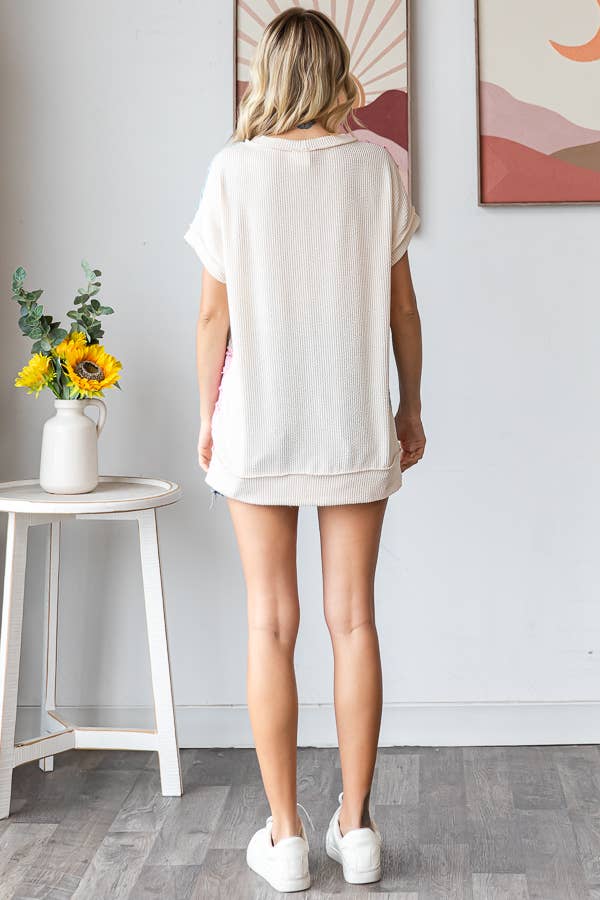 7th Ray - Wholesale Gebreide top - Dames - Kleurblok Gestructureerd Patchwork Korte Mouw Top T594419