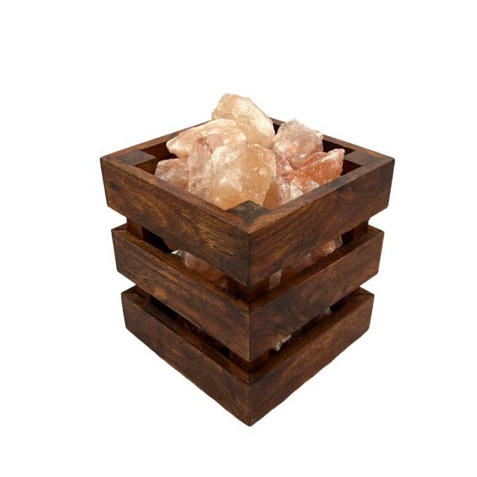 Zenn Himalayan Salt Lamp Wooden Square Shape Fire Bowl-044 for wholesale by International Gifts Ltd.