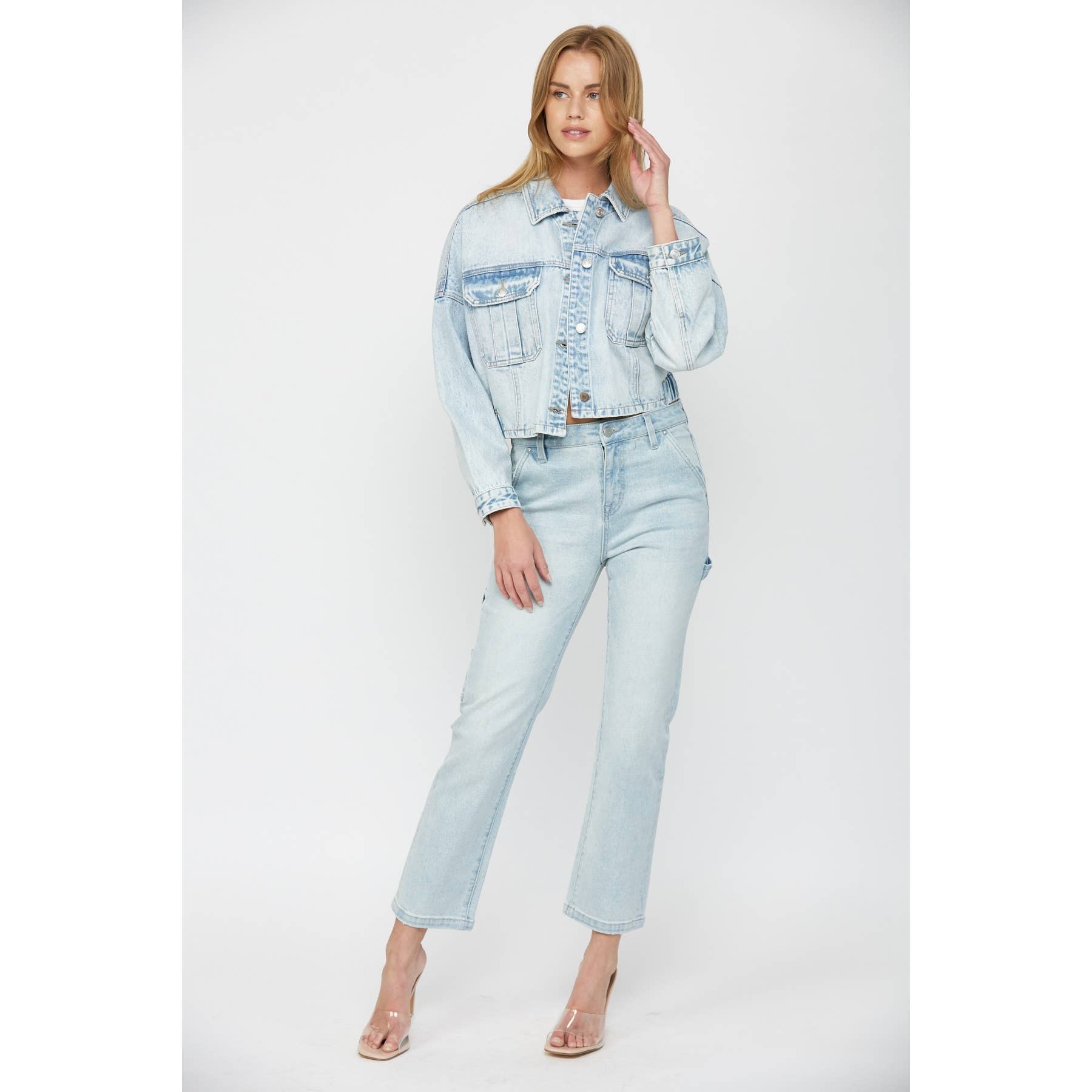 PREHNITE CROPPED DENIM JACKET W ELASTIC BAND for wholesale on Faire2