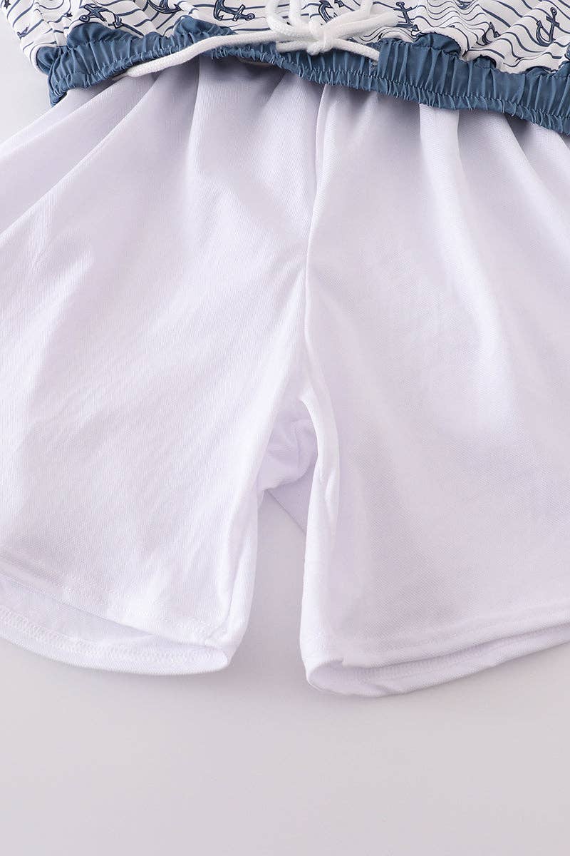 Aspen Rain Boutique - Wholesale Swim Shorts - Men's - Blue stripe anchor print dad swim trunks3