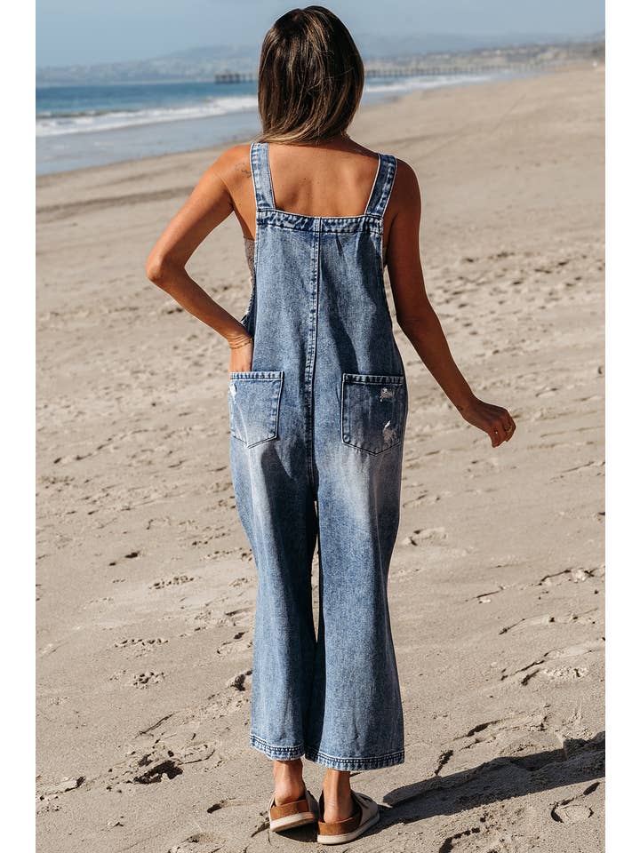 Little Daisy Closet - Wholesale Overalls - Women's - LDC Distressed Bib Pocket Wide Leg Denim Overall