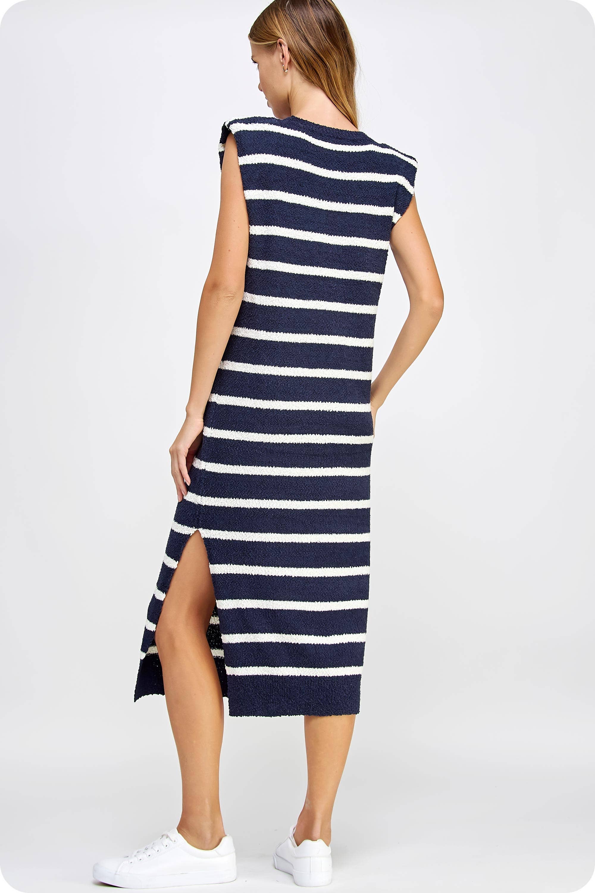 Strut & Bolt - Wholesale Dress - Women's - Shoulder Pad Sleeveless Textured Striped Knit Dress33