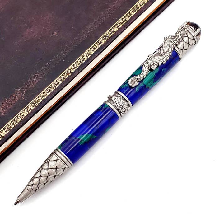 Azurite Malachite TruStone Dragon Twist Pen in Brass/Pewter for wholesale by Woodnotch