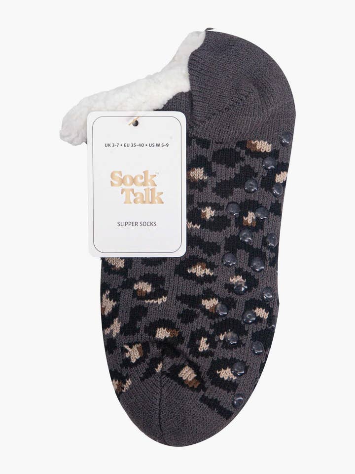 Sock Talk - Wholesale Sock Slippers - Women's - Women's Short Slipper Sock- Dark Grey, Leopard6