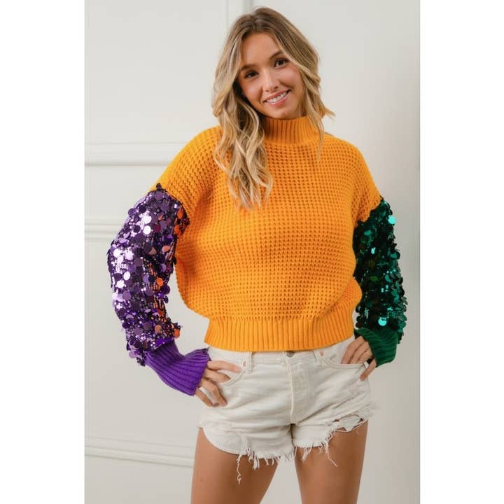Spangled Sleeve Mardi Gras Color Block Sweater for wholesale by IVE