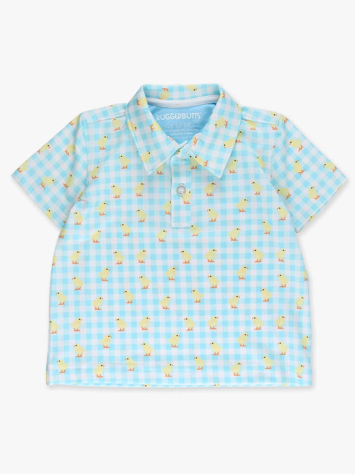 Jongens Tsjilpende Kuikens Gingham Gebreide Korte Mouw Prestaties Polo voor wholesale door RuffleButts + RuggedButts