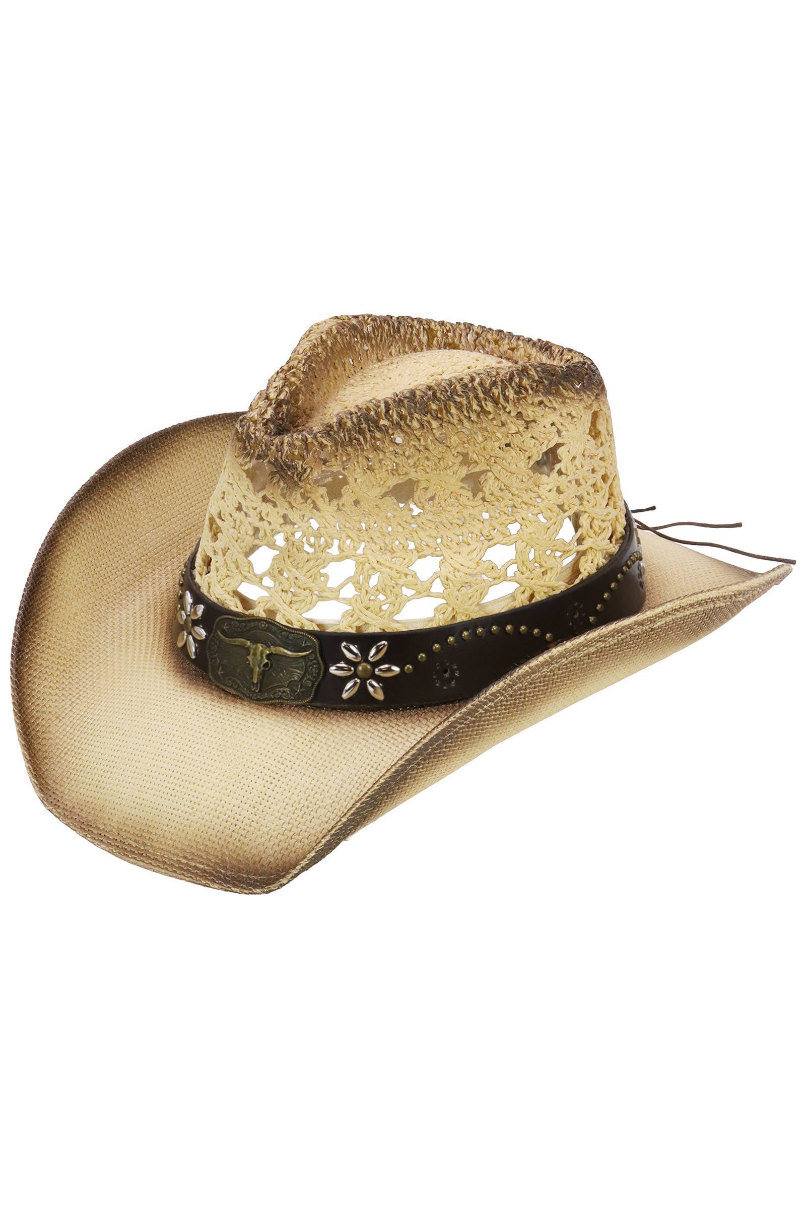 Cap Zone - Vente Chapeau de cowboy – femme - Chapeau de cowboy avec ceinture cloutée et emblème de longicorne floral0