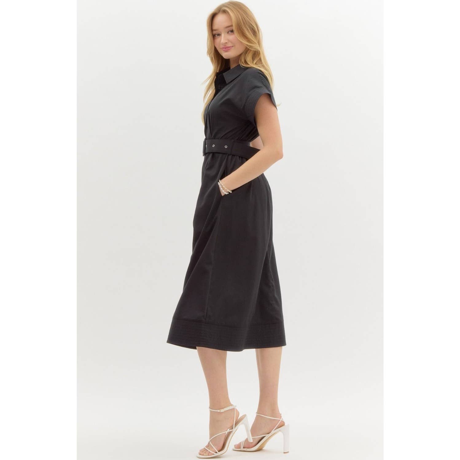 STYLE USA - Venta al por mayor Vestido - Mujer - Vestido midi con mangas cortas tipo ala y detalles de costura sólida12