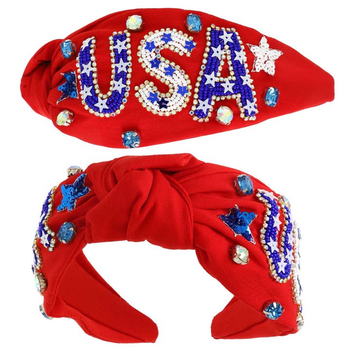 SP Sophia Collection - Wholesale Fashion Headband - Women's - USA Patriotic Lettering Jeweled Beaded Headband2