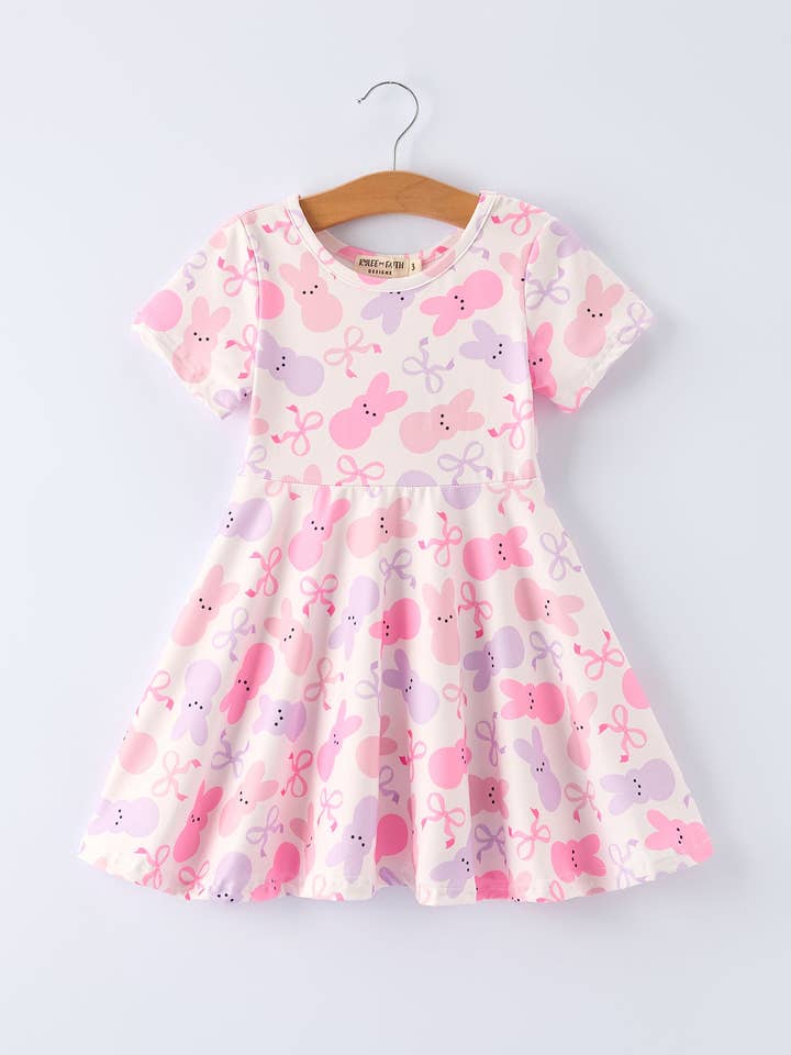 Spring Easter Bunny Bow Print Girls Short Sleeves Dress for wholesale by Rylee Faith Designs
