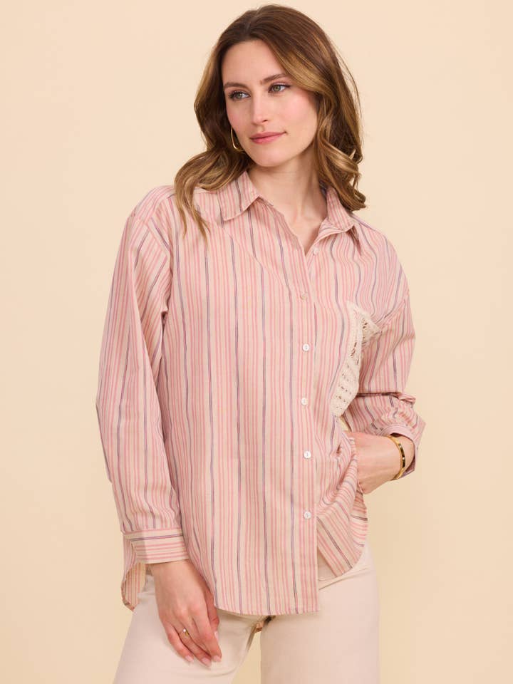 KY CREATION PARIS - Wholesale Button Down Shirt - Women's - Striped shirt with embroidered pocket