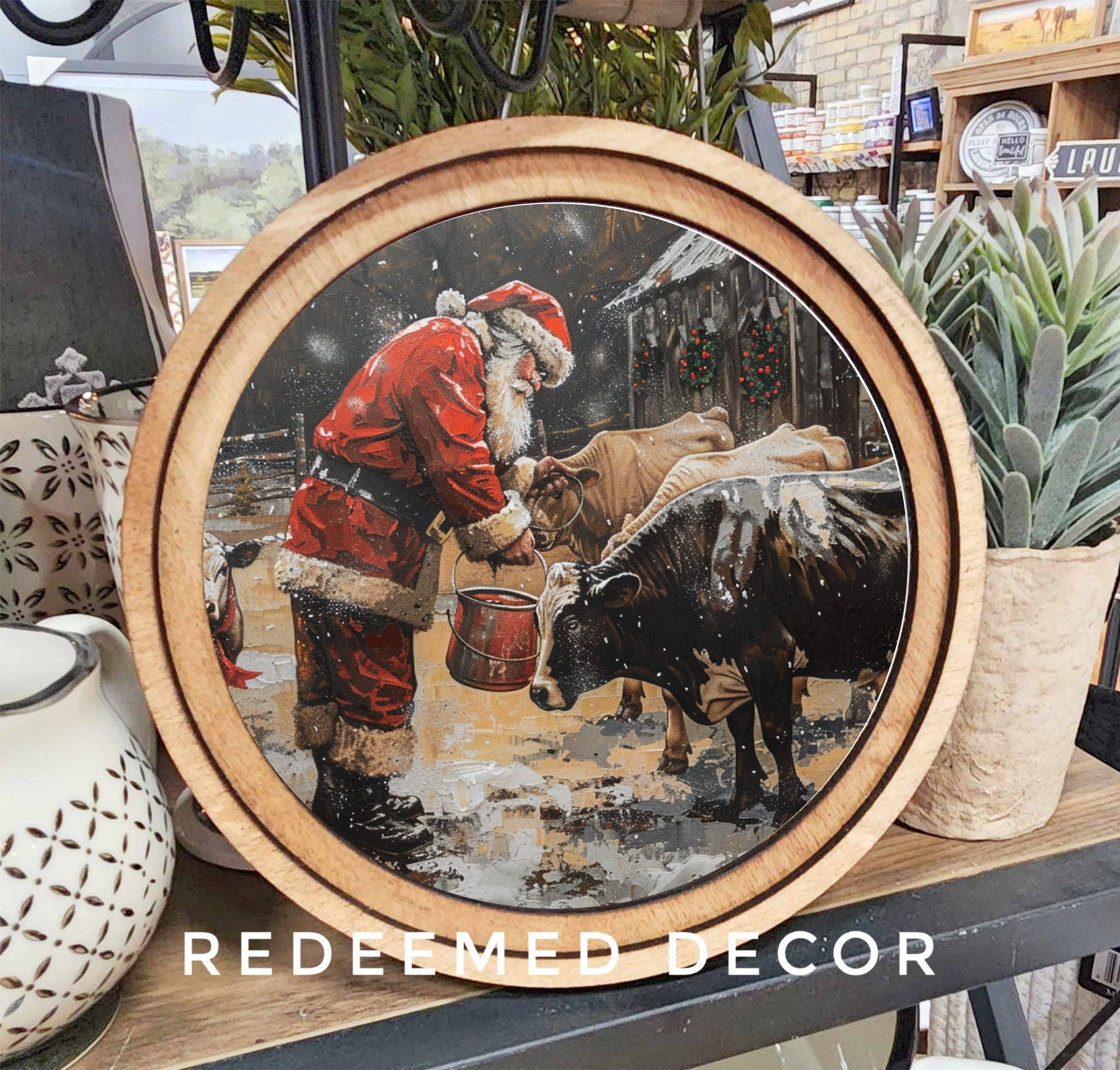 Redeemed Decor - Wholesale Art Print - 8" Round Santa With Cows Art