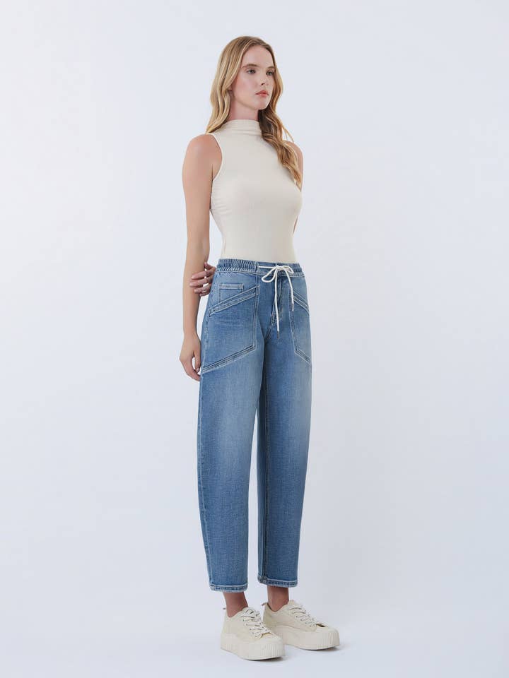UPSTANDING HIGH RISE ELASTIC WAISTBAND WIDE BARREL JEANS V3648 for wholesale on Faire5