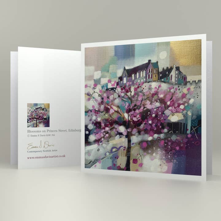 'Blossoms on Princes Street, Edinburgh' - Art Greeting Card for wholesale by Emma S Davis Artist