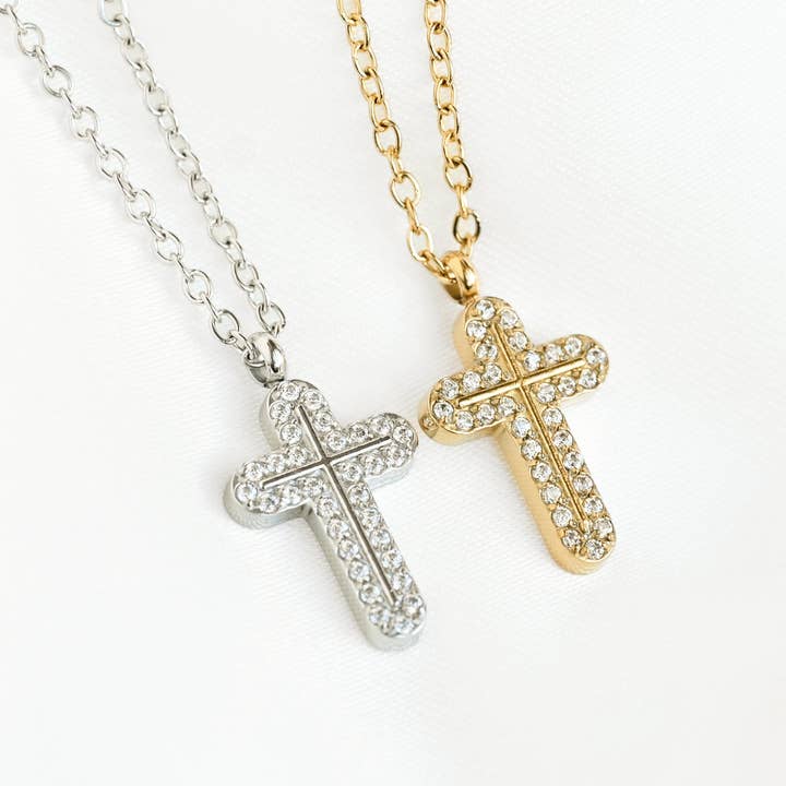 Pave Cross Pendant - Medium Rounded Cross Necklace for wholesale by Blueyejewelry