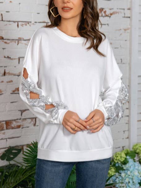 Rosa Clothing - Wholesale Sweatshirt - Women's - Fashion Sequin Bow Hollow Sleeve Sweatshirt5