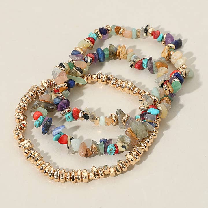 Sensibling Corp. - Wholesale Jewelry Set - 3PCS Natural Stone Metal Bead Stretch Multi Layered Bracelet