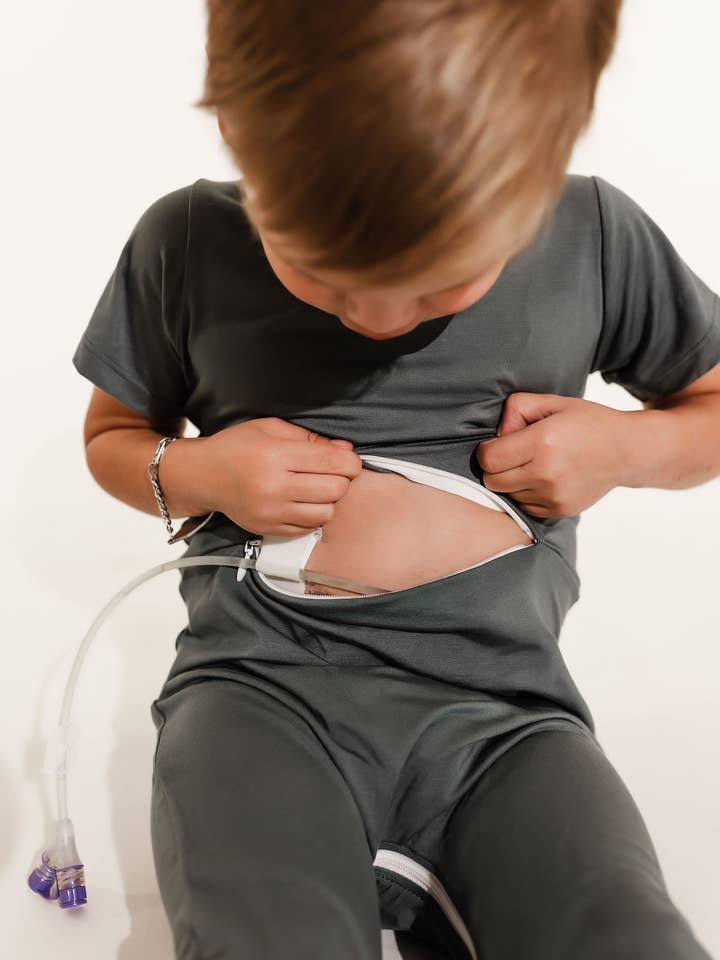 Deep Teal Bamboo Lyocell Romper with G-Tube Access for wholesale by Zipease