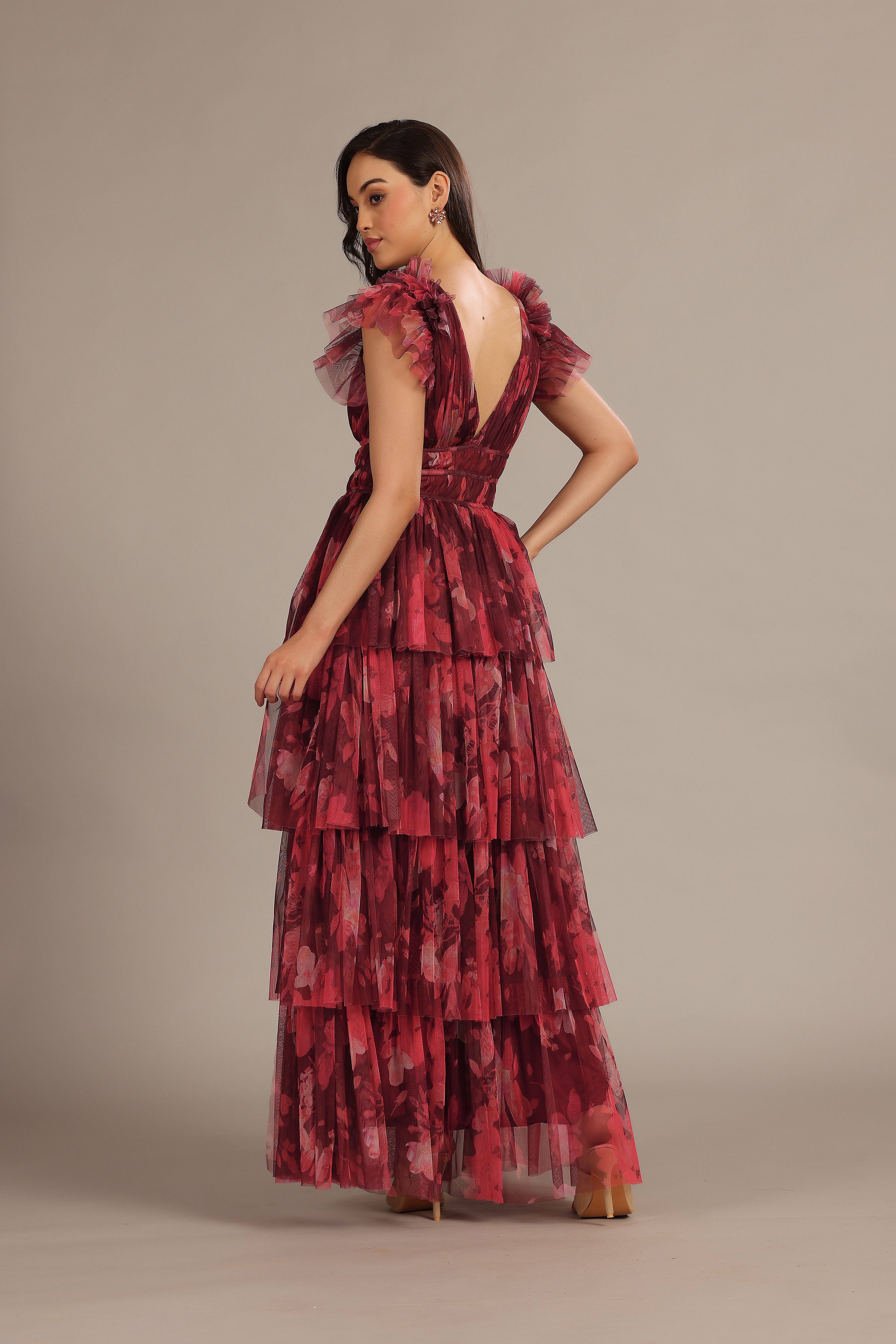 Naomi Tulle Maxi Dress in Deep Red Floral for wholesale on Faire2