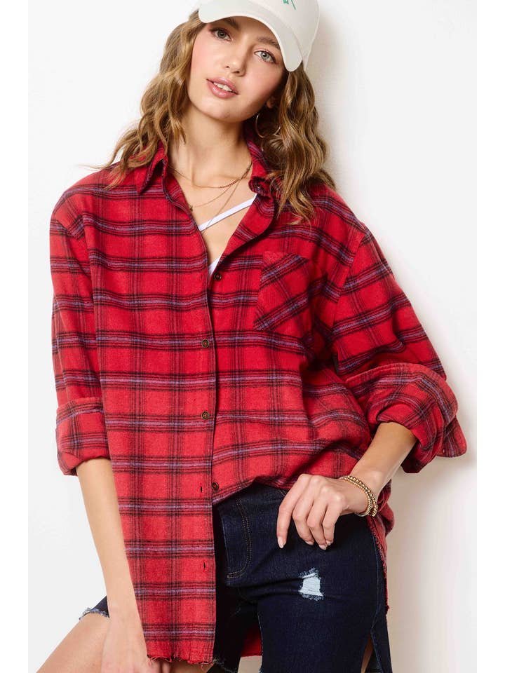 La Miel - Wholesale Buttoned-down shirt – Women's - SRT1329-Loose Fit Button Down Two-Tone Washed Plaid Shirts8