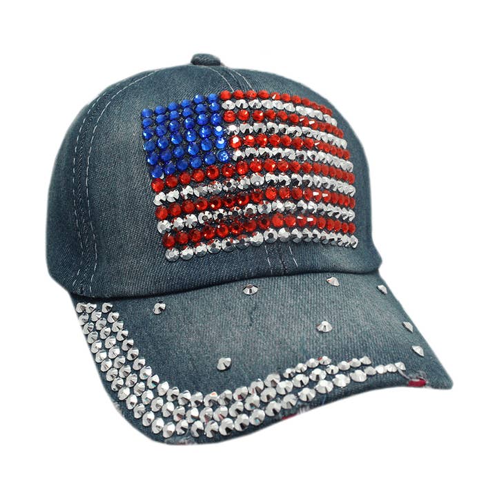 The Alabama Girl - Wholesale Baseball Cap - Women's - Crystallized American Flag Cap - Blue0