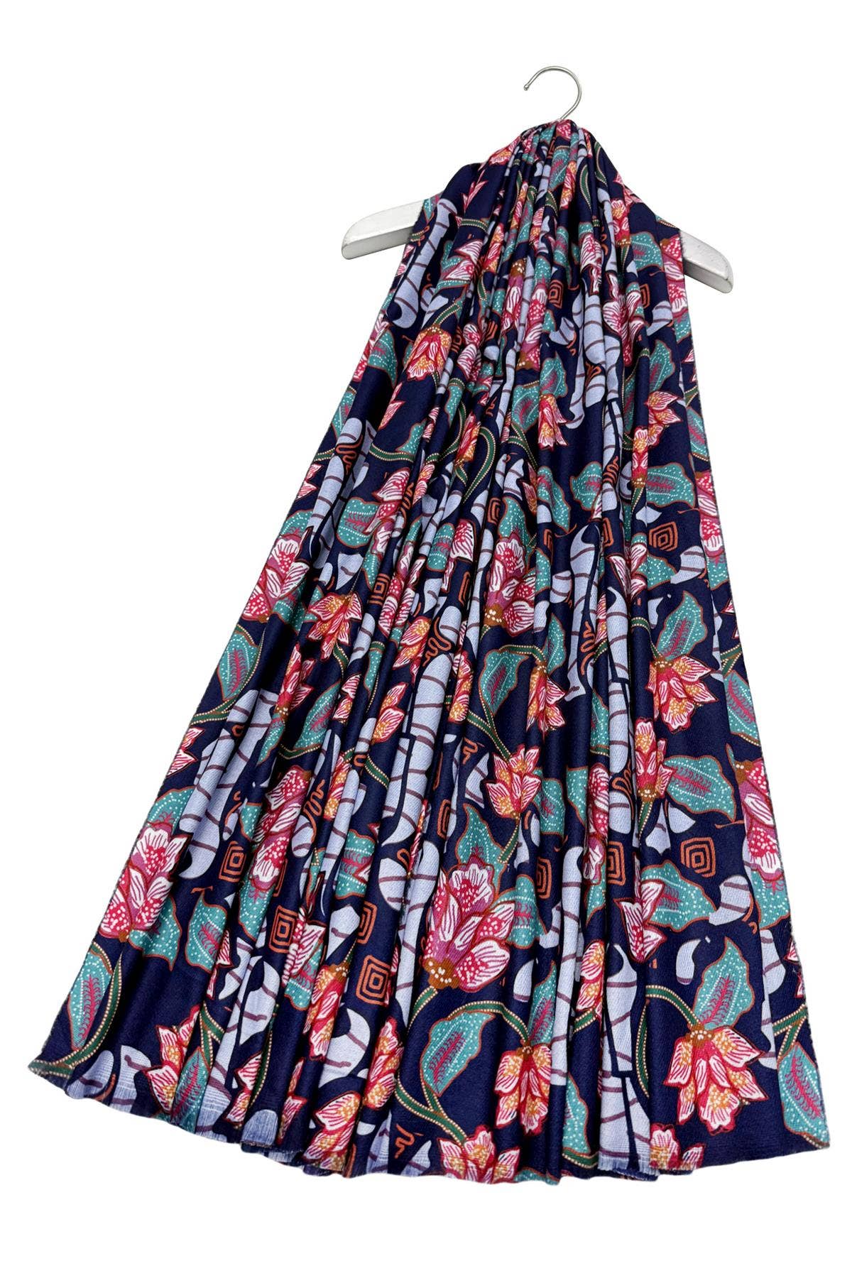 Navy Blue Ethnic Floral Print Wool Frayed Scarf for wholesale on Faire4