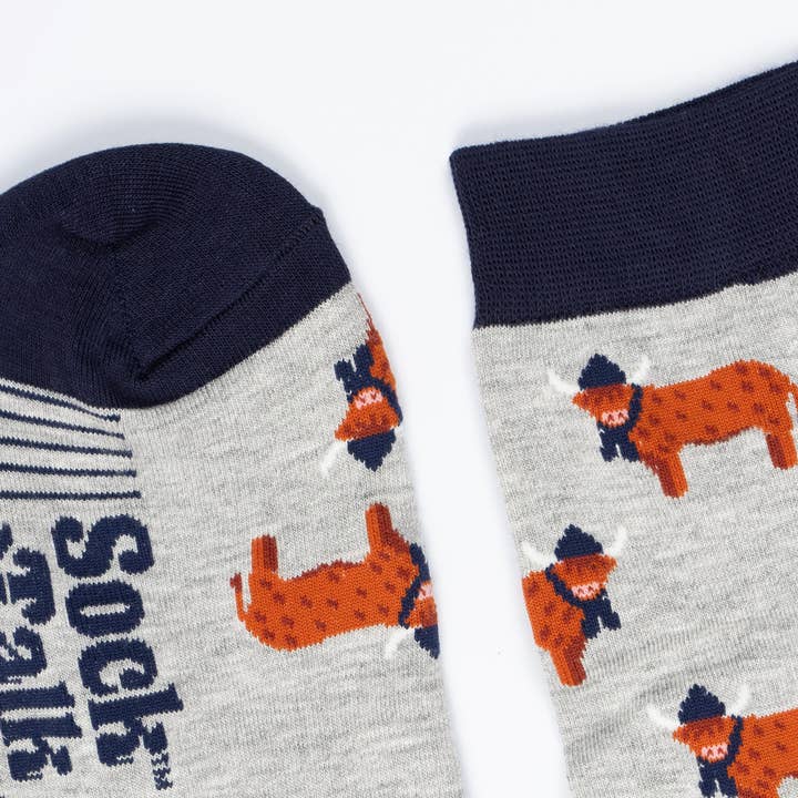 Sock Talk - Wholesale Socks – Men's - Men's Bamboo Socks - Grey/Navy Blue, Highland Cow1